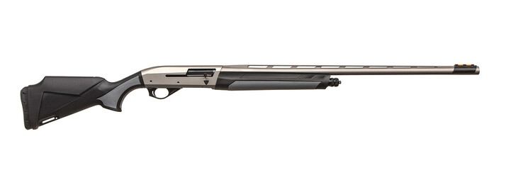 Modewrn silver semi-automatic shotgun isolated on white background.