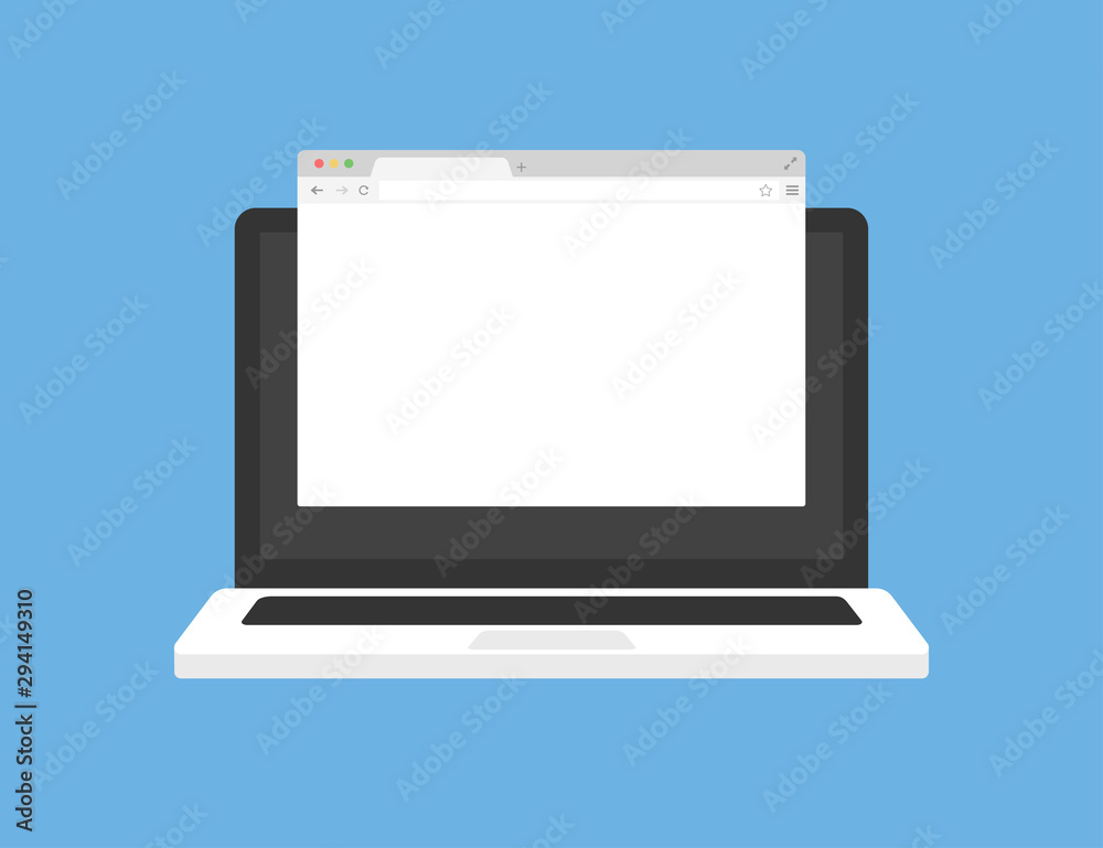 Poster Laptop in trendy flat style with browser window. Open display. Front view. Web site screen template. Web window screen mockup. Laptop computer. Business website template design.