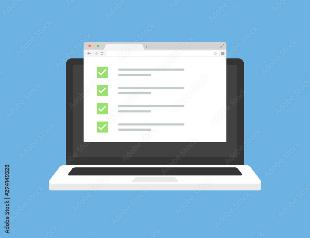 Poster laptop in trendy flat style with browser window. checklist checkmark checkbox elements. web site scr