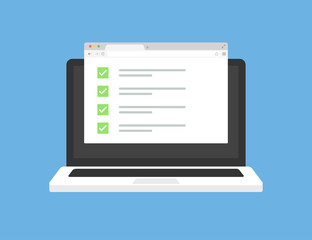 Laptop in trendy flat style with browser window. Checklist checkmark checkbox elements. Web site screen template. Web window screen mockup. Laptop computer. Business website template design.