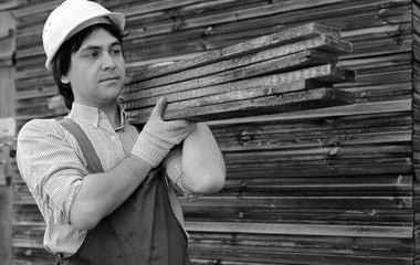 man in worker's clothes black and white