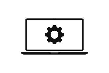 Laptp or pc with gear settings isolated vector icon. Construction concept. Internet technology icon sign or symbol. Technology concept vector design.