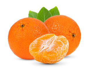 Mandarin, tangerine citrus fruit with leaf isolated on white background