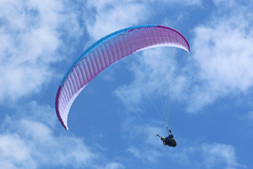 Paraglider flying wing in a blue sky
