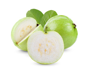 Guava fruit with leaf isolated on white background