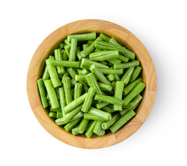 Long bean or cowpea in wood bowl isolated on white background. top view