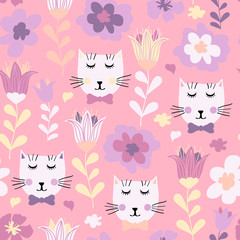 Seamless pattern with hand drawn cats and flowers. Seamless pattern with cute kittens and flowers in pastel colors. Creative childish texture in pastel colors, vector