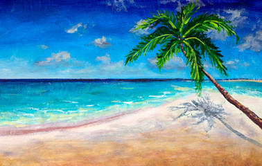 Obraz na płótnie Canvas Painting Beautiful tropical island like Maldives with beach, sea, and coconut palm tree on blue sky for nature holiday vacation background concept artwork illustration