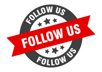 follow us sign. follow us black-red round ribbon sticker