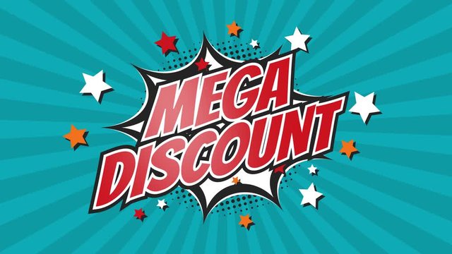 MEGA DISCOUNT - Comic Pop Art text video 4K, chroma key version included. Vintage colorful cartoon animation with explosion of speech bubble message.