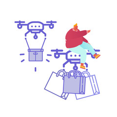Drone Delivery Service Concept with People Controlling Quadcopter. Man Character Shopping Online. Technology Control Flight of Copter. Aircraft equipment for transportation. Vector Illustration