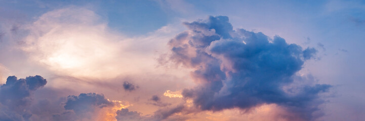 Panorama of Dramatic vibrant color with beautiful cloud of sunrise and sunset. Panoramic image.