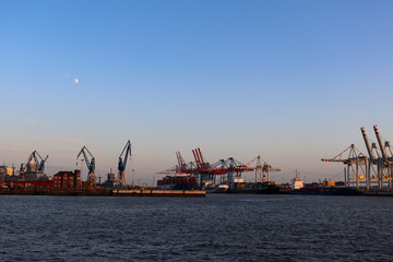 Hamburg harbour during golden hour 