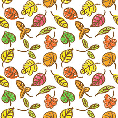 Crayon hand drawing colorful autumn leaves seamless pattern. Fall set on white background. Like child hand drawn flat doodle simple vector style. Pastel chalk or pencil kids painting background