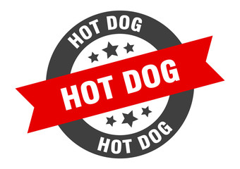 hot dog sign. hot dog black-red round ribbon sticker