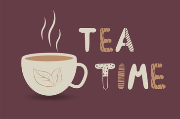 Lettering tea time with a mug icon