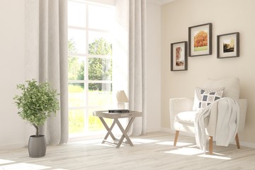 Mock up of stylish room in white color with armchair and green landscape in window. Scandinavian interior design. 3D illustration