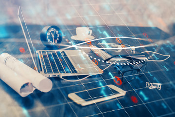 Stock market chart hologram drawn on personal computer background. Multi exposure. Concept of investment.