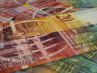 CHF. Swiss Franc macro photo. Money of Switzerland. Business background. Zurich.