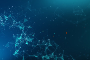 abstract 3d rendering technology plexus blue dynamic digital surface on blue and green gradient background, geometrical shape with blue lines particles futuristic background