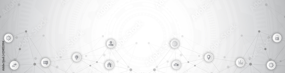 Wall mural website header or banner design with abstract technical background and connecting dots and lines. di
