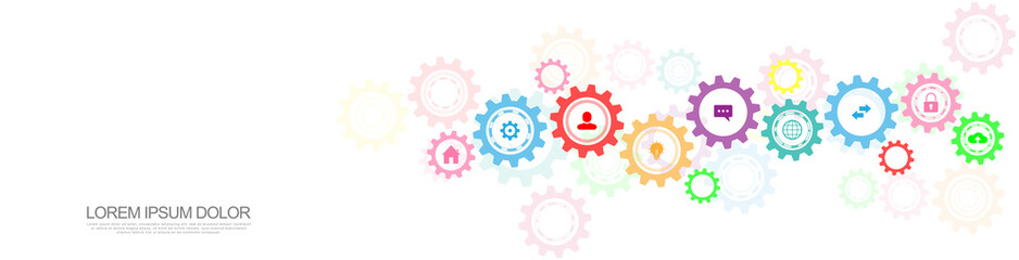 Information technology with infographic elements and flat icons. Cogs and gear wheel mechanisms. Hi-tech digital technology and engineering. Abstract technical background.