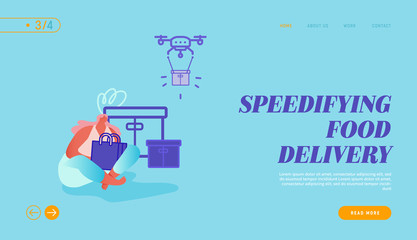 Landing Page of Drone Transporting Package for Online Shopping and People Characters. Drone Delivery, Commercial Quadcopter, Aircraft Business Trend Concept. Website, web template. Vector Illustration