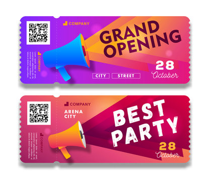 Grand Opening and Party invitation tear-off flyer templates with megaphone illustration
