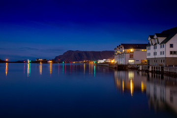 Fototapeta na wymiar Blue hour in Brønnøysund harbor in Nordland county