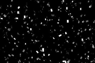 falling silver metallic glitter foil confetti, animation movement on black background, holiday and festive fun concept