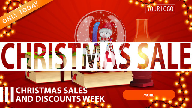 Christmas sales and discount week, red bright horizontal banner