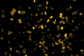 falling down golden metallic glitter foil confetti, animation movement on black background, gold christmas, holiday event happy new year and festive fun concept