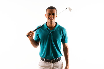 Afro American golfer player man over isolated white background
