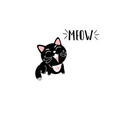 Black cat and meow lettering text. Cute cartoon character. Kawaii animal.  Vector illustration can use card, t-shirt print, nursery decor