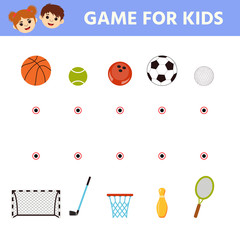 Educational game for children. Kids activity sheet. Cartoon sport balls. Connect sports equipment