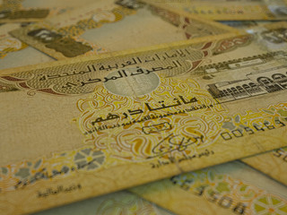 AED. Currency of  United Arab Emirates. Emirates Dirham bussiness background. Dubai, Abu-Dhabi