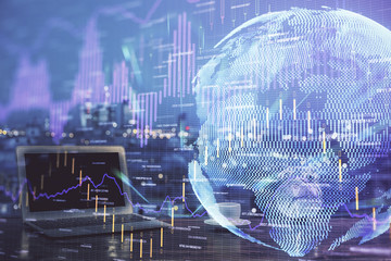 Multi exposure of forex graph and work space with computer. Concept of international online trading.