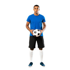 Full-length shot of African American football player man over isolated white background