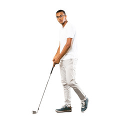 Full-length shot of Afro American golfer player man over isolated white background