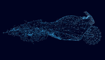 Wireframe of a crumbling abstract motorcycle. Polygonal motorcycle outline of blue lines on a dark background with luminous lights. Side view. Vector illustration. © German Ovchinnikov