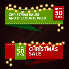 Christmas discount banners in the form of ribbons. Red and green templates with Christmas decor