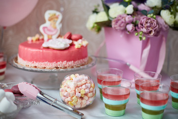marshmallows and colorful jelly on a candy bar