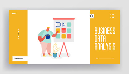 Landing Page with Man Character and Colorful Chart. Concept Training of Office Staff, Analytics, Increase Sales and Skills, Team Building and Brainstorming Website, Web Template. Vector illustration