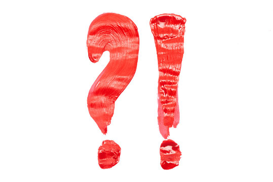 Exclamation And Question Mark By Red Paint Strip Isolated On White Background.