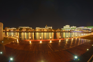 Night cityscape in wet autumn night. Main Building of the Ministry Defense in Moscow / Minoboron in...