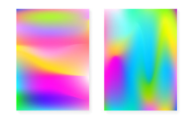 Hologram gradient background set with holographic cover. 90s, 80s retro style. Iridescent graphic template for flyer, poster, banner, mobile app. Plastic minimal hologram gradient.