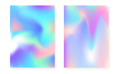 Hologram gradient background set with holographic cover. 90s, 80s retro style. Iridescent graphic template for brochure, banner, wallpaper, mobile screen. Spectrum minimal hologram gradient.
