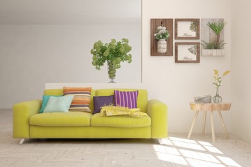 Stylish room in white color with sofa and winter landscape in window. Scandinavian interior design. 3D illustration