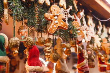 Christmas decorations at Christmas market stall in Berlin Germany - obrazy, fototapety, plakaty