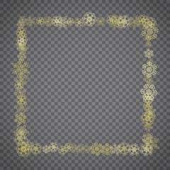 Isolated snowflakes on transparent grey background. Gold glitter snow. Winter sales, Christmas and New Year design for party invitation, banner, sale. Winter window. Magic crystal isolated snowflakes.